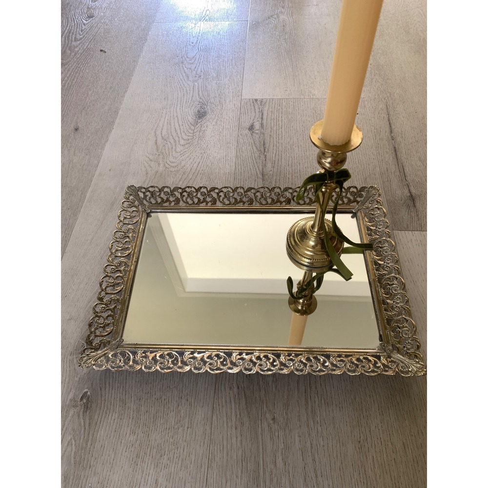Vintage Hollywood Regency Mirrored Vanity Tray Gold Filigree Ornate Metal 13.5"